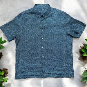 Theory Basic Fit Big & Tall Linen Blue Yellow Geometric Button Front Shirt XXL